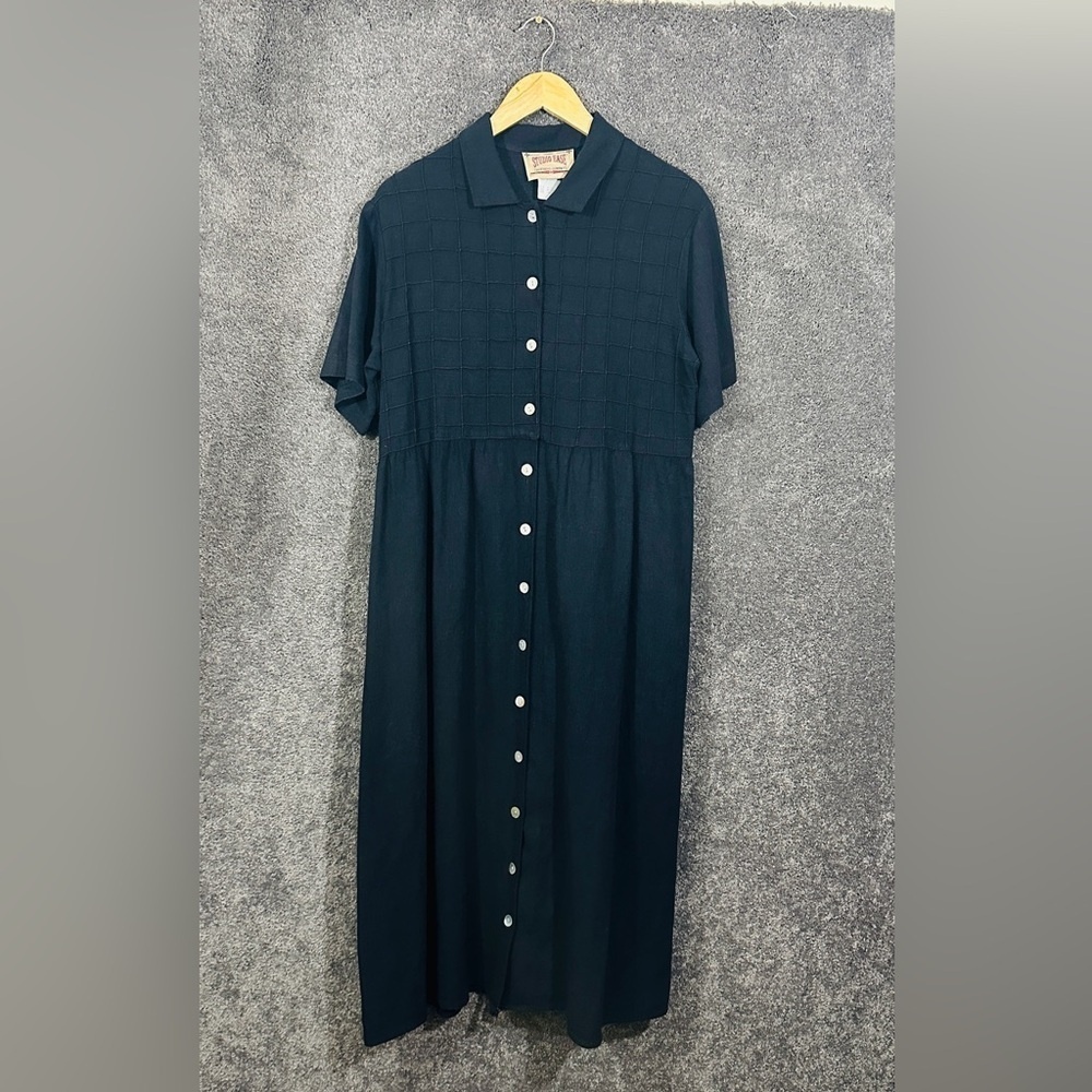 Vintage Studio Ease Black Button Dress Lagenlook Linen Blend Medium USA